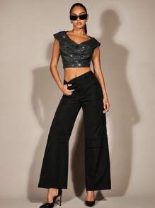 SHEIN X Antonella SHEIN BAE 前垂褶連帽背心上衣 - 黑色 - 查看 3