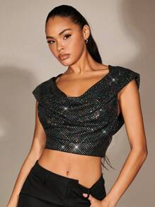 SHEIN X Antonella SHEIN BAE 前垂褶連帽背心上衣 - 黑色 - 查看 4