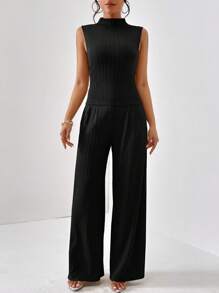 Firerie Mock Neck Tank Top & Wide Leg Trousers - Black - View 5