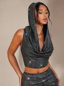 SHEIN X Antonella SHEIN BAE 前垂褶連帽背心上衣 - 黑色 - 查看 5