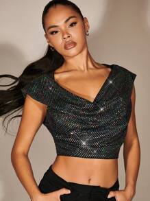 SHEIN X Antonella SHEIN BAE 前垂褶連帽背心上衣 - 黑色 - 查看 6