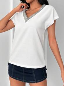 RueChic Contrast Trim Batwing Sleeve Tee - White - View 3