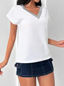 RueChic Contrast Trim Batwing Sleeve Tee - White - View 4