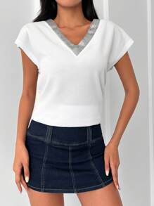 RueChic Contrast Trim Batwing Sleeve Tee - White - View 5