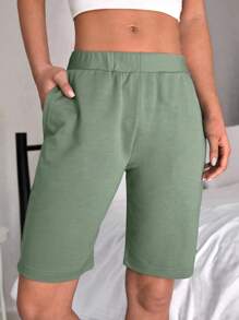 Cottnline Chất rắn Túi nghiêng Eo đàn hồi Quần short - Màu xanh Bạc hà - Xem 1