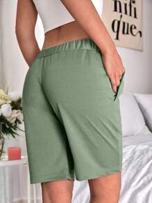 Cottnline Chất rắn Túi nghiêng Eo đàn hồi Quần short - Màu xanh Bạc hà - Xem 2