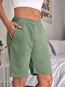 Cottnline Chất rắn Túi nghiêng Eo đàn hồi Quần short - Màu xanh Bạc hà - Xem 3