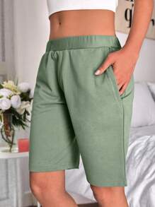 Cottnline Chất rắn Túi nghiêng Eo đàn hồi Quần short - Màu xanh Bạc hà - Xem 5