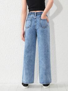 Tween Girl Y2K Street Daily Elastic Waist Straight Jeans With Flat Pockets, Daily - Medium Wash - View 2