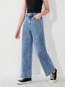 Tween Girl Y2K Street Daily Elastic Waist Straight Jeans With Flat Pockets, Daily - Medium Wash - View 3