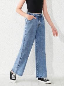 Tween Girl Y2K Street Daily Elastic Waist Straight Jeans With Flat Pockets, Daily - Medium Wash - View 4