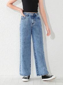 Tween Girl Y2K Street Daily Elastic Waist Straight Jeans With Flat Pockets, Daily - Medium Wash - View 5