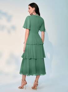 Modelyn 素色蝴蝶袖層疊下擺洋裝 - 綠色 - 查看 2