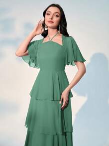Modelyn 素色蝴蝶袖層疊下擺洋裝 - 綠色 - 查看 4