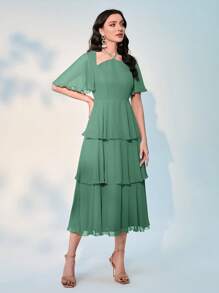 Modelyn 素色蝴蝶袖層疊下擺洋裝 - 綠色 - 查看 5