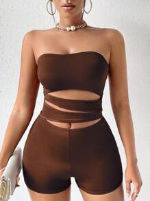 SHEIN Unity Cut Out Tube Unitard Romper - Coffee Brown - View 6