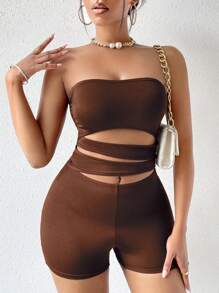 SHEIN Unity Cut Out Tube Unitard Romper - Coffee Brown - View 3