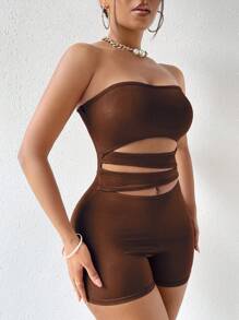 SHEIN Unity Cut Out Tube Unitard Romper - Coffee Brown - View 4