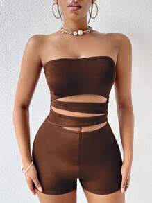 SHEIN Unity Cut Out Tube Unitard Romper - Coffee Brown - View 5