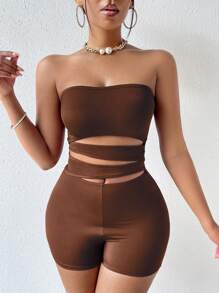 SHEIN Unity Cut Out Tube Unitard Romper - Coffee Brown - View 7
