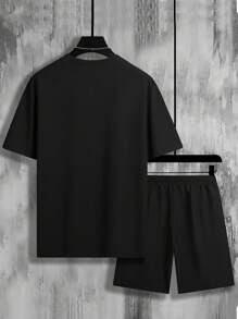 Aesthetic Post 男士字母圖案拼接邊T恤&腰部抽繩短褲 - 黑色 - 查看 2