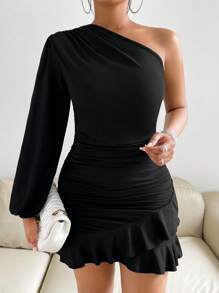 VaVaBold Tay áo lồng đèn một vai Xù Hoa Sen Váy bodycon - màu đen - Xem 3