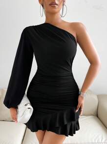 VaVaBold Tay áo lồng đèn một vai Xù Hoa Sen Váy bodycon - màu đen - Xem 4