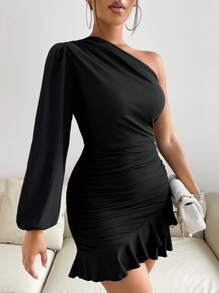 VaVaBold Tay áo lồng đèn một vai Xù Hoa Sen Váy bodycon - màu đen - Xem 5