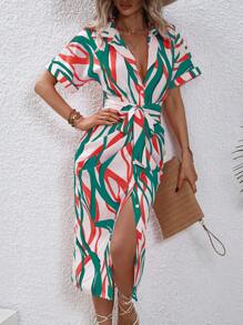 SHEIN Clasi Allover Print Batwing Sleeve Belted Shirt Dress - Multicolor - View 1