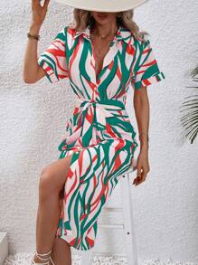 SHEIN Clasi Allover Print Batwing Sleeve Belted Shirt Dress - Multicolor - View 3