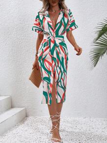 SHEIN Clasi Allover Print Batwing Sleeve Belted Shirt Dress - Multicolor - View 5