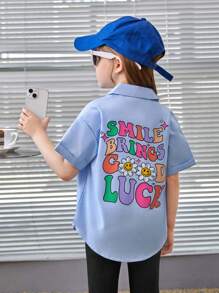 SHEIN 女小童1入組標語圖案落肩袖襯衫 - 淺藍色 - 查看 1