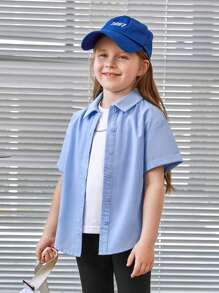 SHEIN 女小童1入組標語圖案落肩袖襯衫 - 淺藍色 - 查看 2