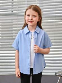 SHEIN 女小童1入組標語圖案落肩袖襯衫 - 淺藍色 - 查看 3