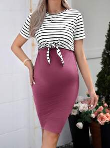 SHEIN Maternity Striped Print Tee & Adjustable Waist Bodycon Skirt - Purple - View 3