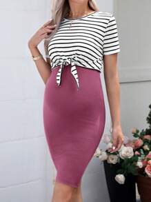SHEIN Maternity Striped Print Tee & Adjustable Waist Bodycon Skirt - Purple - View 5