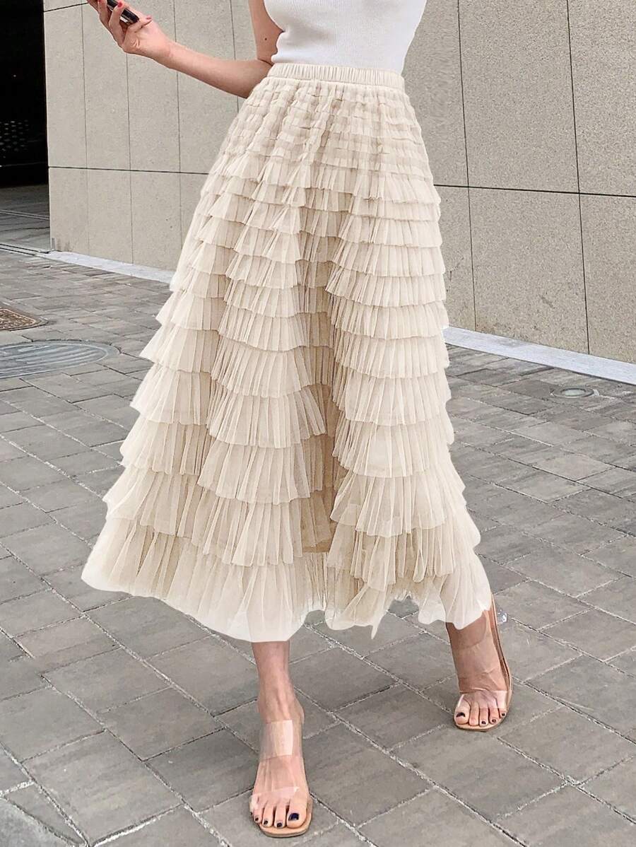 DAZY Solid Layer Ruffle Hem Mesh Skirt - Khaki - View 1