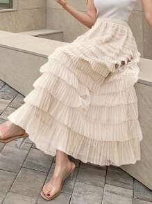 DAZY Solid Layer Ruffle Hem Mesh Skirt - Khaki - View 2