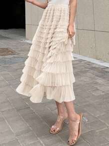 DAZY Solid Layer Ruffle Hem Mesh Skirt - Khaki - View 3