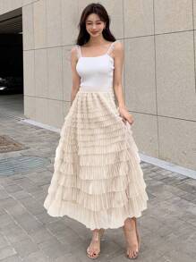 DAZY Solid Layer Ruffle Hem Mesh Skirt - Khaki - View 4