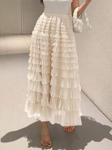 DAZY Solid Layer Ruffle Hem Mesh Skirt - Khaki - View 5