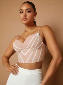 SHEIN BAE Top de tirantes de cheurón con diseño de encaje - Rosa Pálido - Ver 6