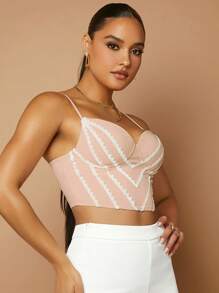 SHEIN BAE Top de tirantes de cheurón con diseño de encaje - Rosa Pálido - Ver 7