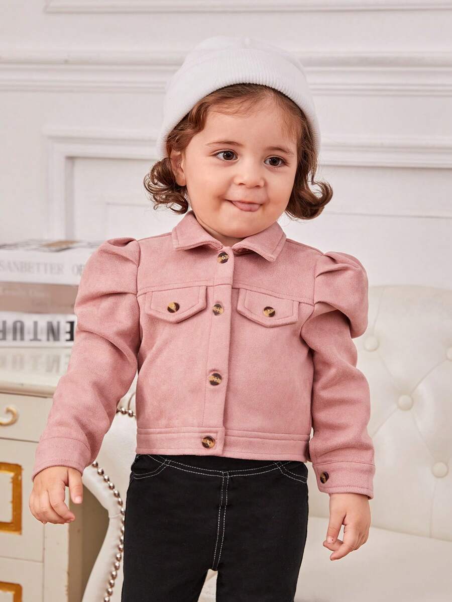 SHEIN Áo khoác da lộn giả tay phồng cho bé gái - Bụi hồng - Xem 1