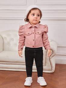 SHEIN Áo khoác da lộn giả tay phồng cho bé gái - Bụi hồng - Xem 5