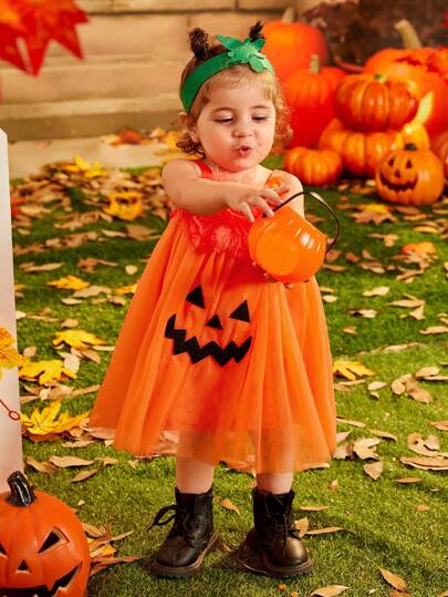 SHEIN Glamorique Kids 女嬰萬聖節橙色網眼南瓜形派對禮服