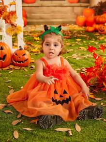 SHEIN Glamorique Kids 女嬰萬聖節橙色網眼南瓜形派對禮服 - 橘色 - 查看 5