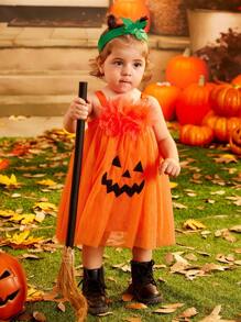 SHEIN Glamorique Kids 女嬰萬聖節橙色網眼南瓜形派對禮服 - 橘色 - 查看 10