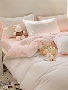 3 件套亲肤柔软白色和粉色宿舍床罩和枕套，1 个羽绒被套，2 个枕套，可机洗，无需填充物 - 白色 - 查看 2