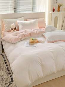 3 件套亲肤柔软白色和粉色宿舍床罩和枕套，1 个羽绒被套，2 个枕套，可机洗，无需填充物 - 白色 - 查看 5